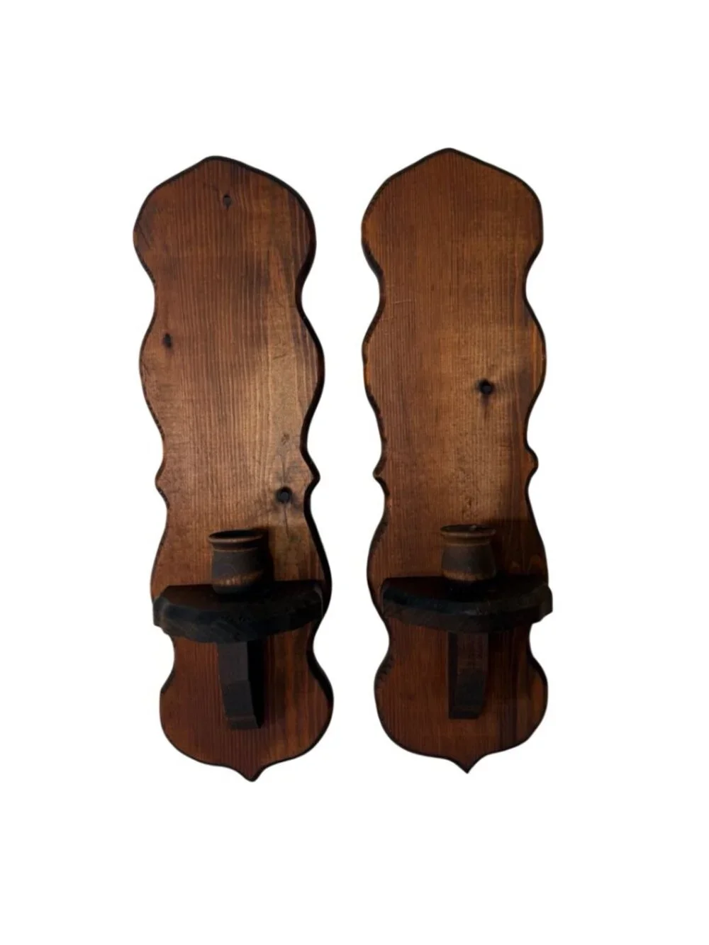 Wood Wall Candle Sconces Pair Colonial Early American Farmhouse Vtg Country Deco